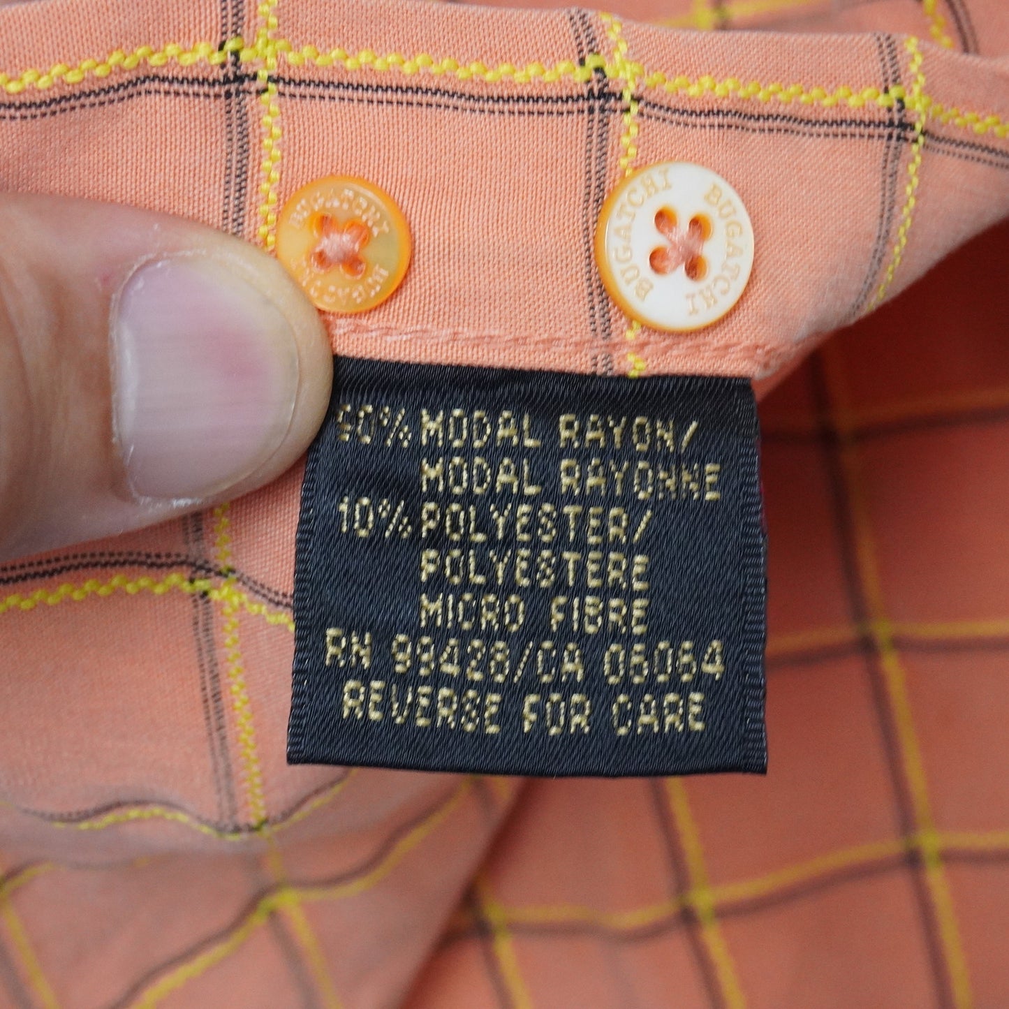 Bugatchi Uomo Shirt XL Orange Grid Check Short Sleeve Modal Rayon Made in Korea