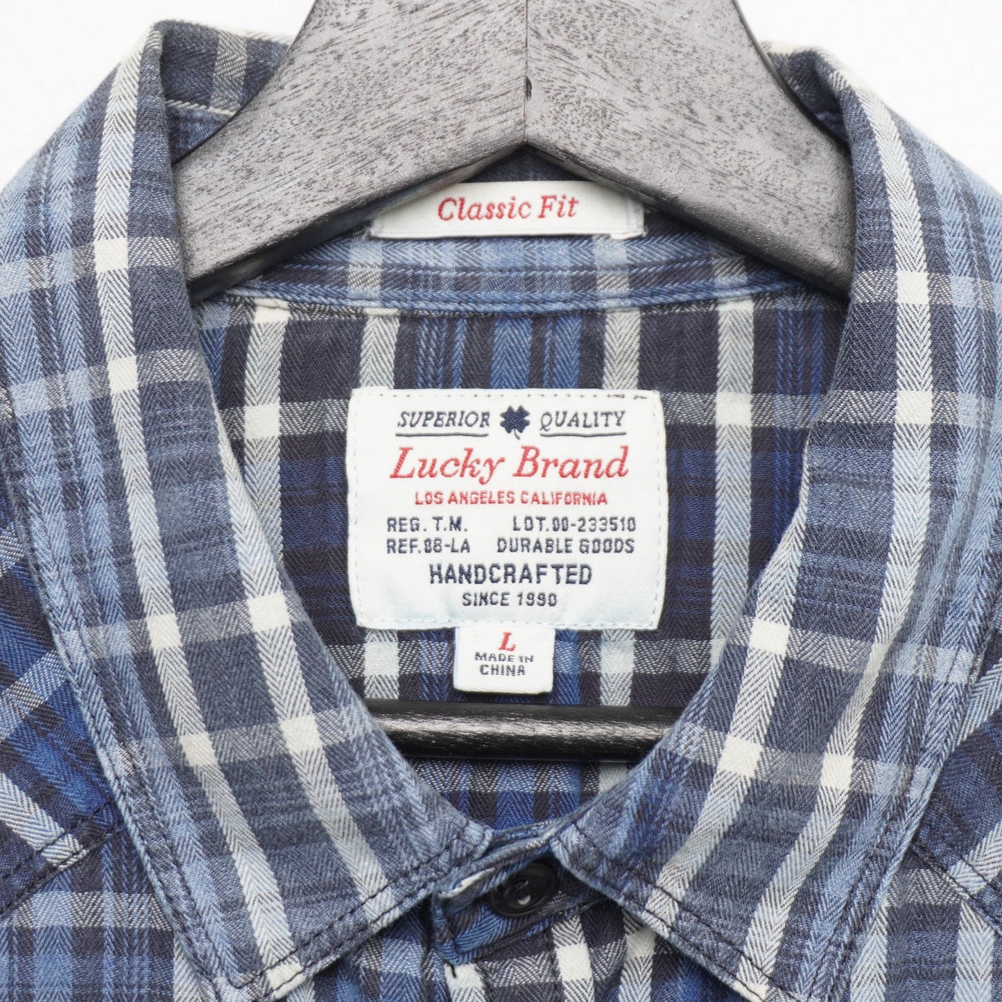 Lucky Brand True Indigo Plaid Shirt Blue White Western Classic Fit Men's Large