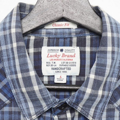 Lucky Brand True Indigo Plaid Shirt Blue White Western Classic Fit Men's Large