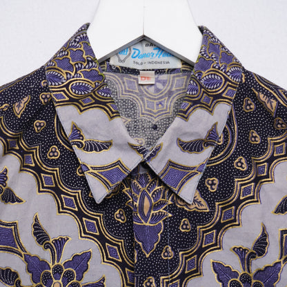 Vintage Danar Hadi Batik Blue & Gold Patterned Shirt Size Large