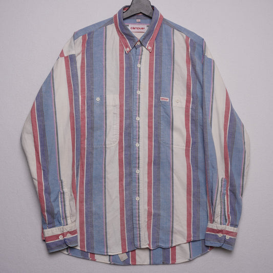 Vintage Campus Button Down Shirt L Red White Blue Vertical Stripe 100% Cotton