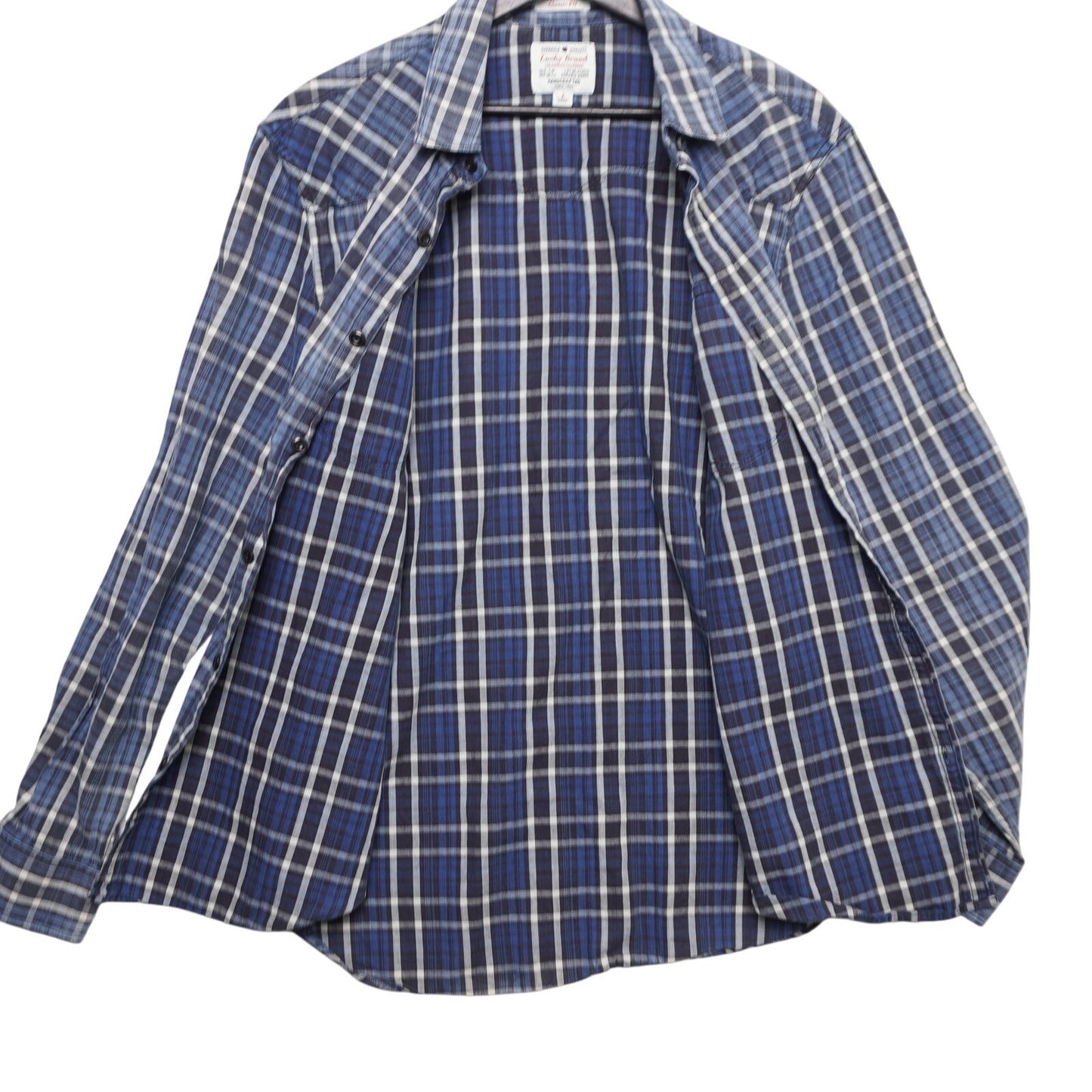 Lucky Brand True Indigo Plaid Shirt Blue White Western Classic Fit Men's Large