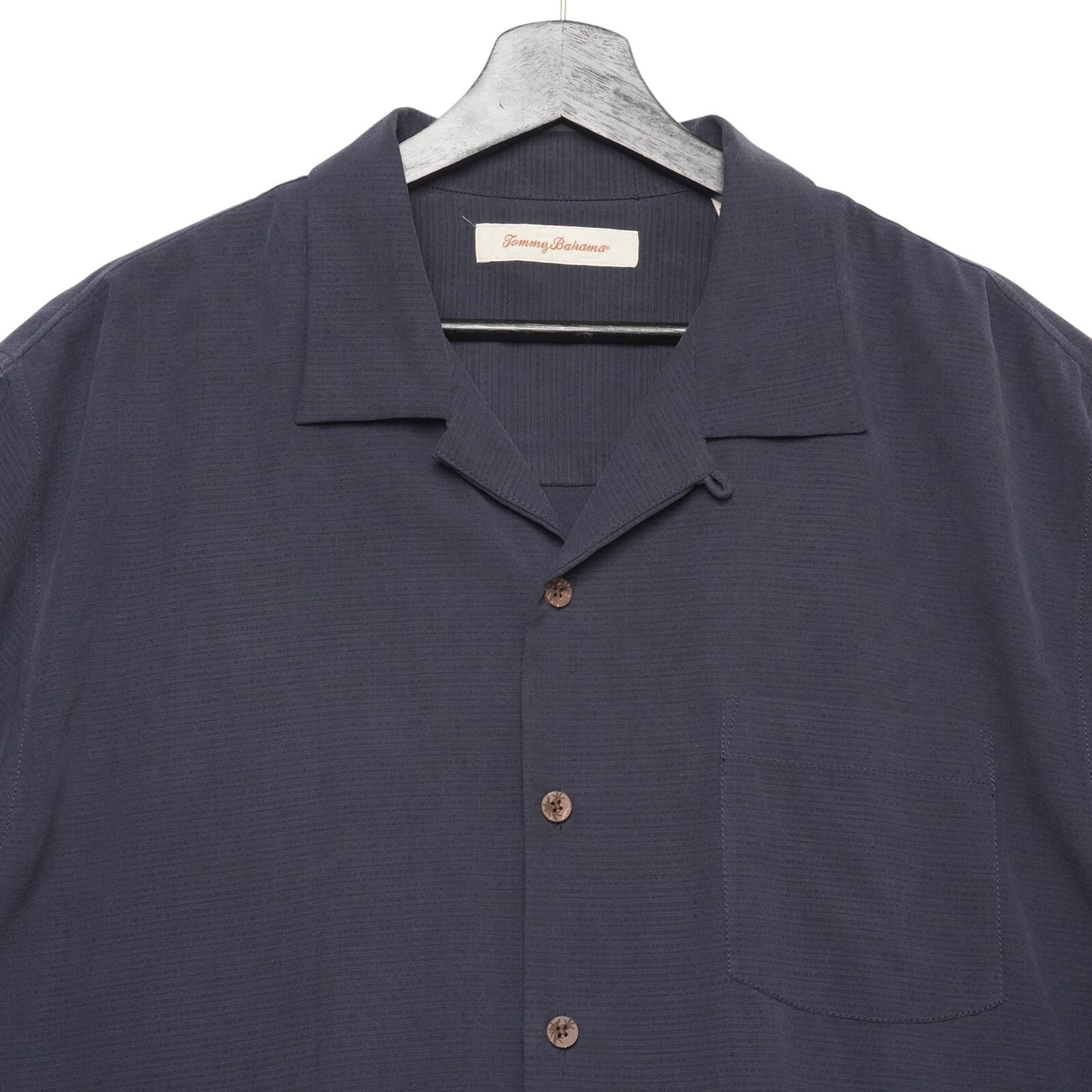 Tommy Bahama 100% Silk Shirt Men’s L Camp Collar Navy Blue Short Sleeve Luau