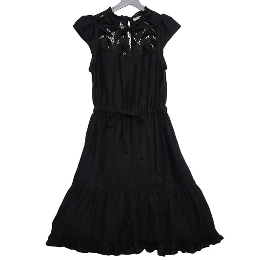 Ulla Johnson Dress Black Linen Lace Crochet Detail Ruffle Hem – Boho Midi