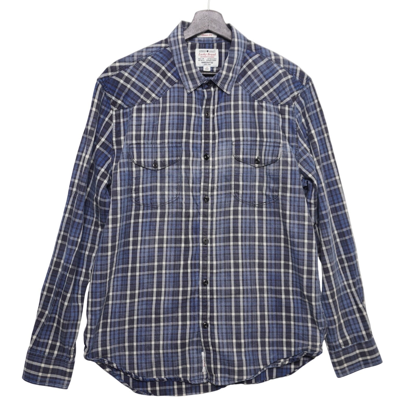 Lucky Brand True Indigo Plaid Shirt Blue White Western Classic Fit Men's Large