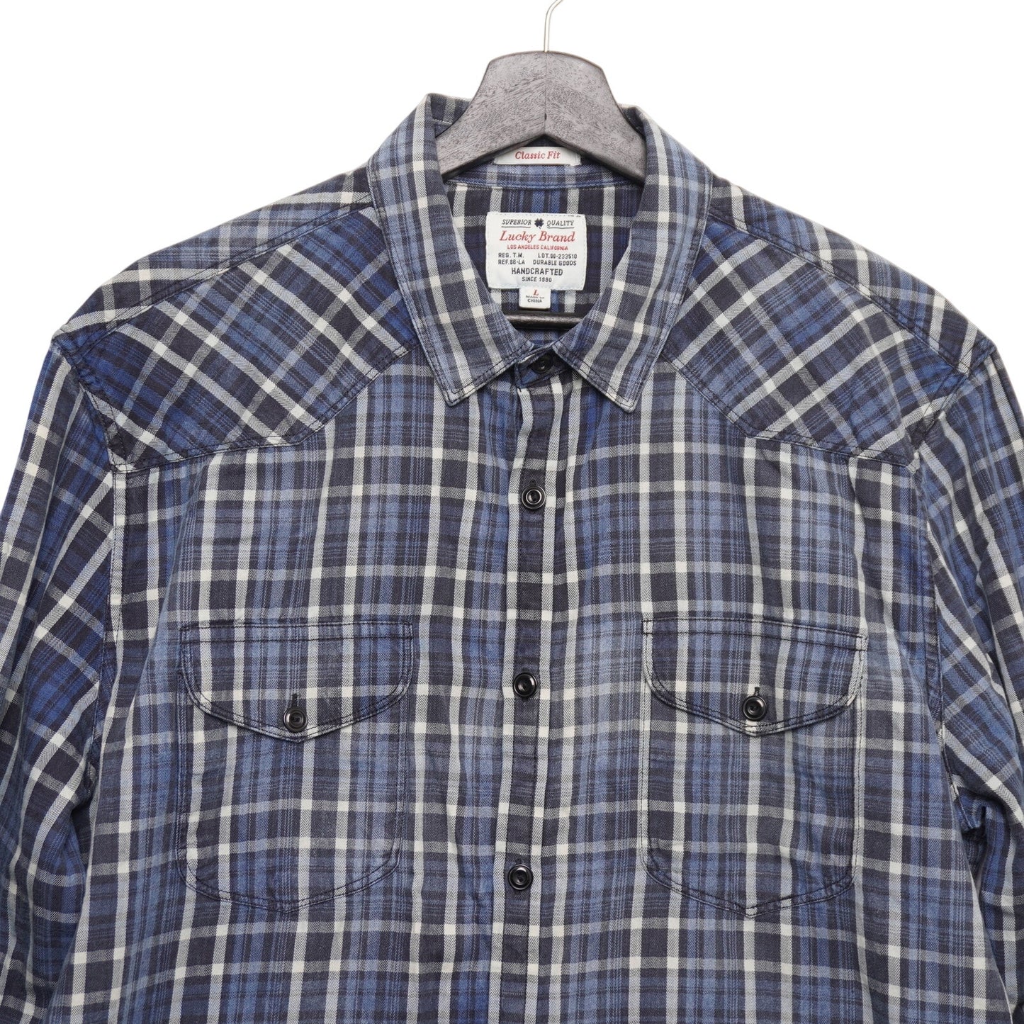 Lucky Brand True Indigo Plaid Shirt Blue White Western Classic Fit Men's Large