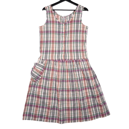 Vintage Razzle Plaid Cotton Sundress M Sleeveless Button Front Pockets