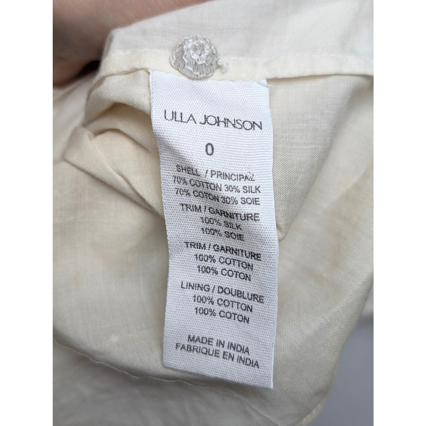 Ulla Johnson Bianca Hand Embroidered Cream Balloon Sleeve Dress 0