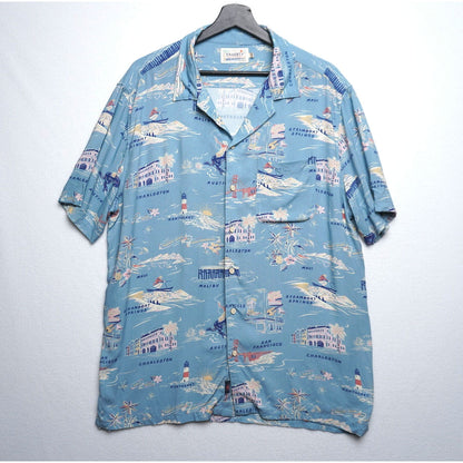 Faherty Beach House Collection Blue Beach Shirt Retro Summer Town Print Size L