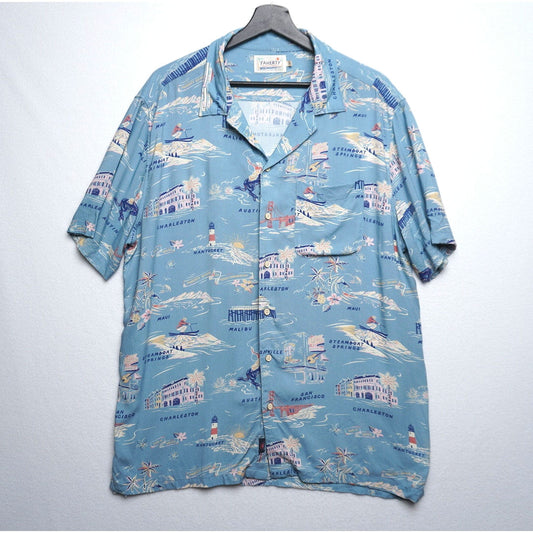 Faherty Beach House Collection Blue Beach Shirt Retro Summer Town Print Size L