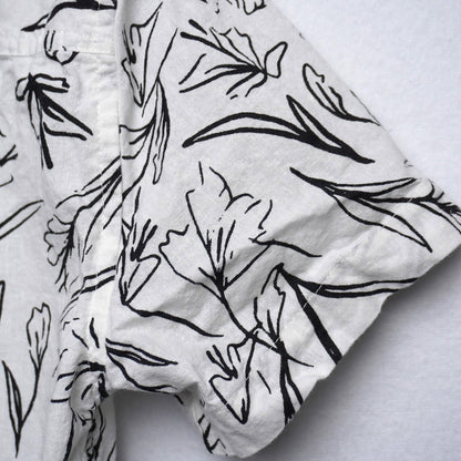 Hedge White Short Sleeve Linen Blend Shirt Black Floral Print Size Small