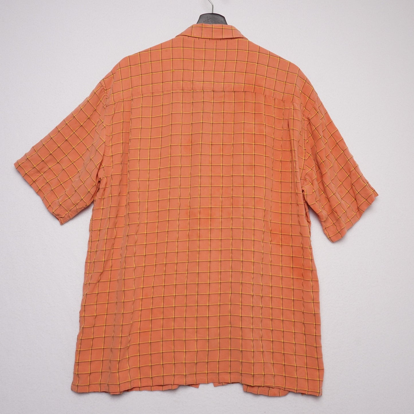 Bugatchi Uomo Shirt XL Orange Grid Check Short Sleeve Modal Rayon Made in Korea