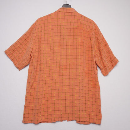 Bugatchi Uomo Shirt XL Orange Grid Check Short Sleeve Modal Rayon Made in Korea