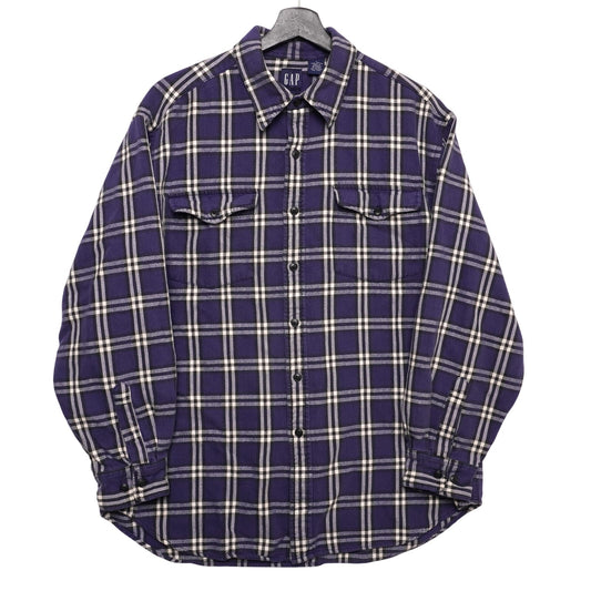 GAP Flannel Shirt Mens L Blue Cream Plaid Button Front Long Sleeve Cotton Casual