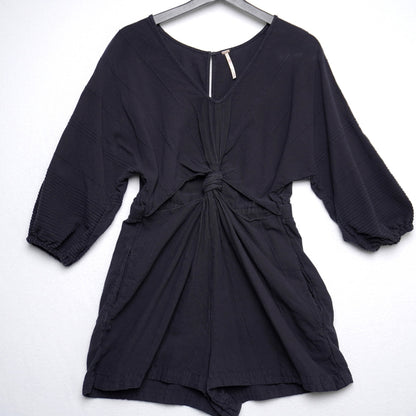 Free People Black Cotton Romper – Size S – Boho Knot Front Jumpsuit with Balloon Sleeves