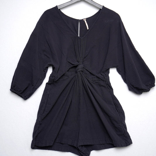Free People Black Cotton Romper – Size S – Boho Knot Front Jumpsuit with Balloon Sleeves