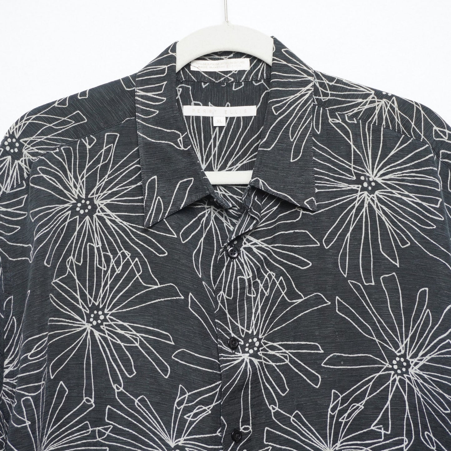 Geoffrey Beene Black Silk Linen Short Sleeve Shirt Abstract Floral Print Size XL
