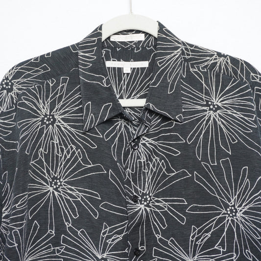 Geoffrey Beene Black Silk Linen Short Sleeve Shirt Abstract Floral Print Size XL