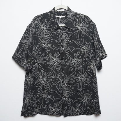 Geoffrey Beene Black Silk Linen Short Sleeve Shirt Abstract Floral Print Size XL