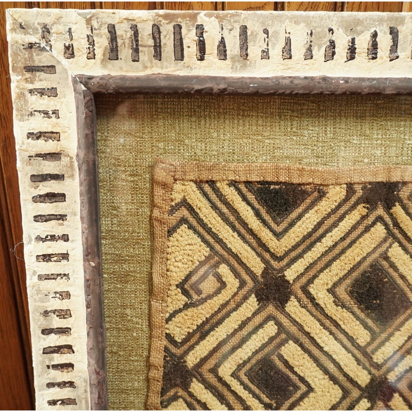 Framed Kuba Cloth Textile – African Tribal Raffia Art – Geometric Wall Decor