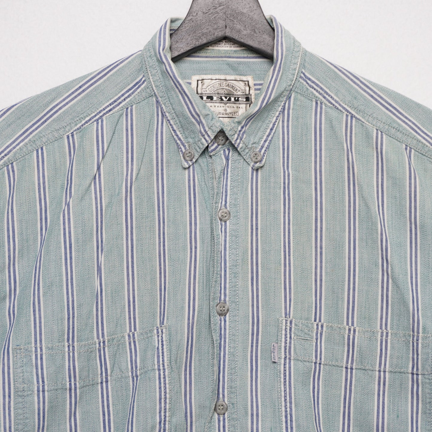 VTG Levi’s Striped Short Sleeve Button Up Shirt Green Blue Cotton Men's Medium