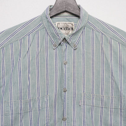 VTG Levi’s Striped Short Sleeve Button Up Shirt Green Blue Cotton Men's Medium