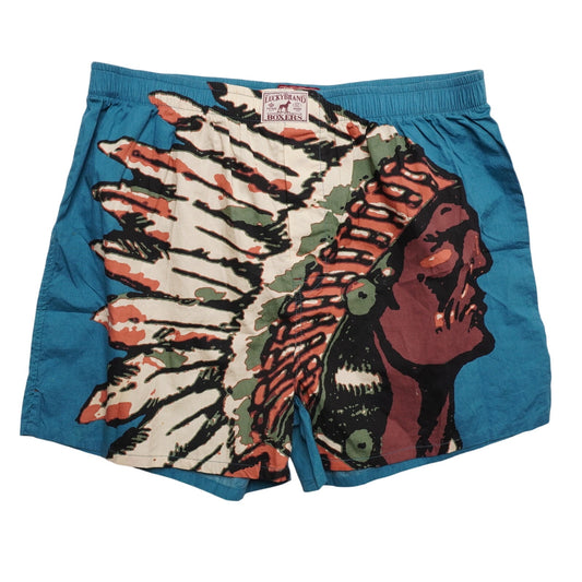 Lucky Brand Teal Cotton Boxers Native American Chief Graphic NWT Deadstock