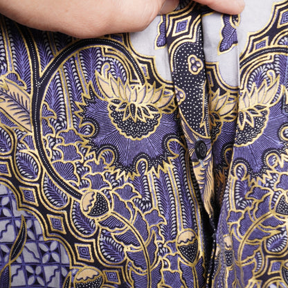 Vintage Danar Hadi Batik Blue & Gold Patterned Shirt Size Large