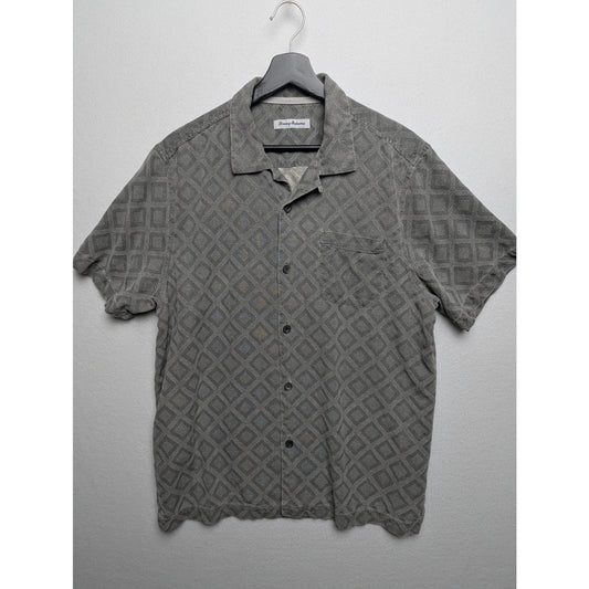 Tommy Bahama 100% Silk Camp Shirt Men’s L – Gray Diamond Pattern Button-Up