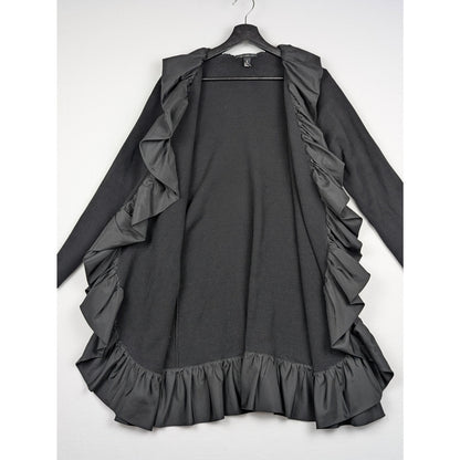 Chico's Black Label Ruffle Trim Long Duster Cardigan Jacket Size 2 Black