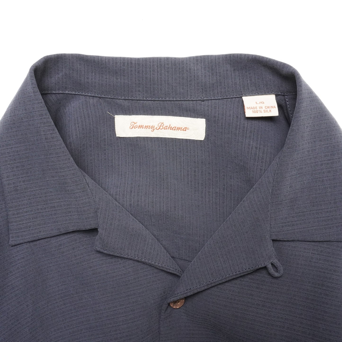 Tommy Bahama 100% Silk Shirt Men’s L Camp Collar Navy Blue Short Sleeve Luau