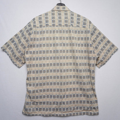 Pierre Cardin Korea 100 % Cotton Geometric Shirt L Beige + Blue 90s Vintage