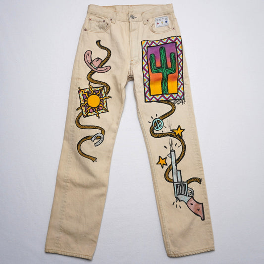Vintage Levi’s 501 Jeans W31 L34 USA Made Painted Western Art Cactus Snake Sun