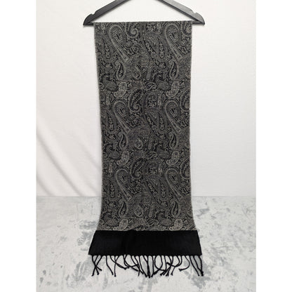Vintage Style Fringe Edge Boho Black and White Paisley Scarf