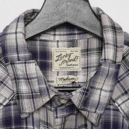 Lucky Brand Western Snap Shirt Men’s Medium Patchwork Plaid 100% Cotton