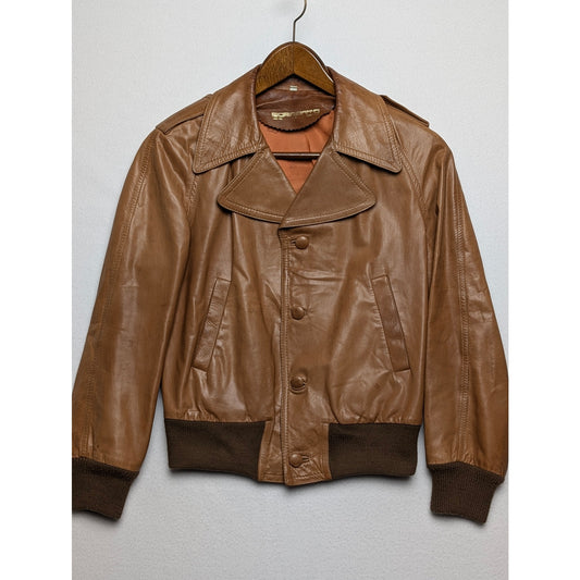 Vintage Sorrento Light Brown Leather Jacket Size 38 Wide Lapels Ribbed Cuffs and Hem