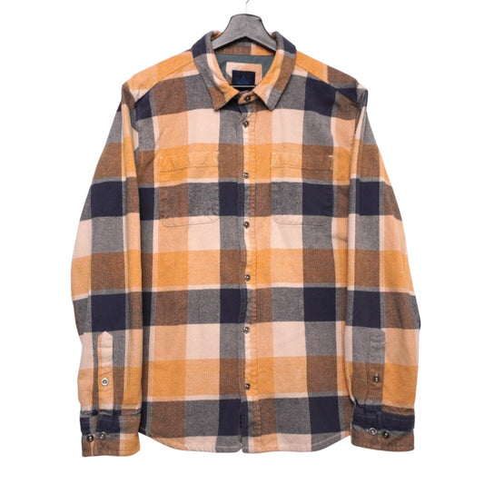 Prana Organic Cotton Flannel Shirt Men’s Medium Yellow Navy Plaid Long Sleeve