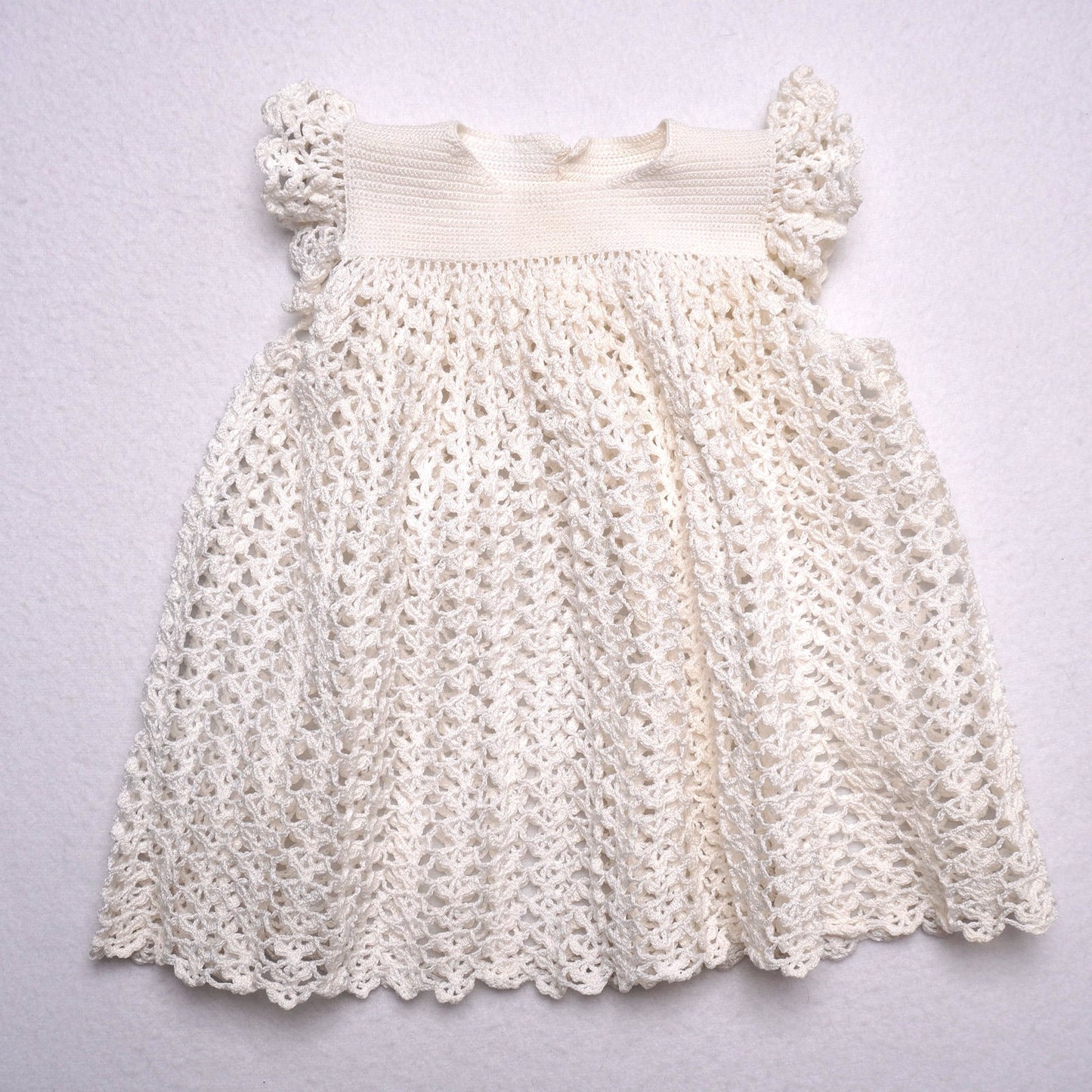 Handmade Vintage Baby Dress Ivory Crochet Knit Ruffle Sleeve Infant Girl Dress