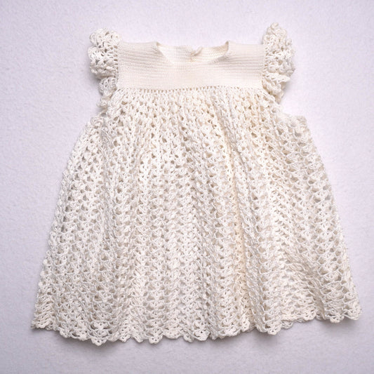 Handmade Vintage Baby Dress Ivory Crochet Knit Ruffle Sleeve Infant Girl Dress