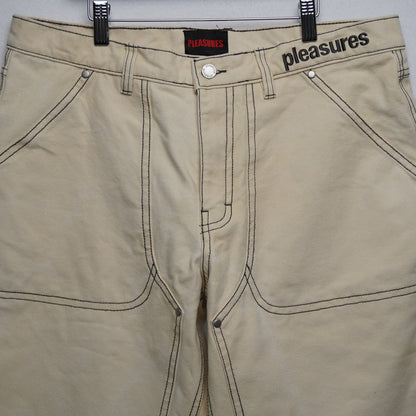Pleasures Ecru Denim Double Front Jeans Size 34 Relaxed Fit Baggy 9.5" opening