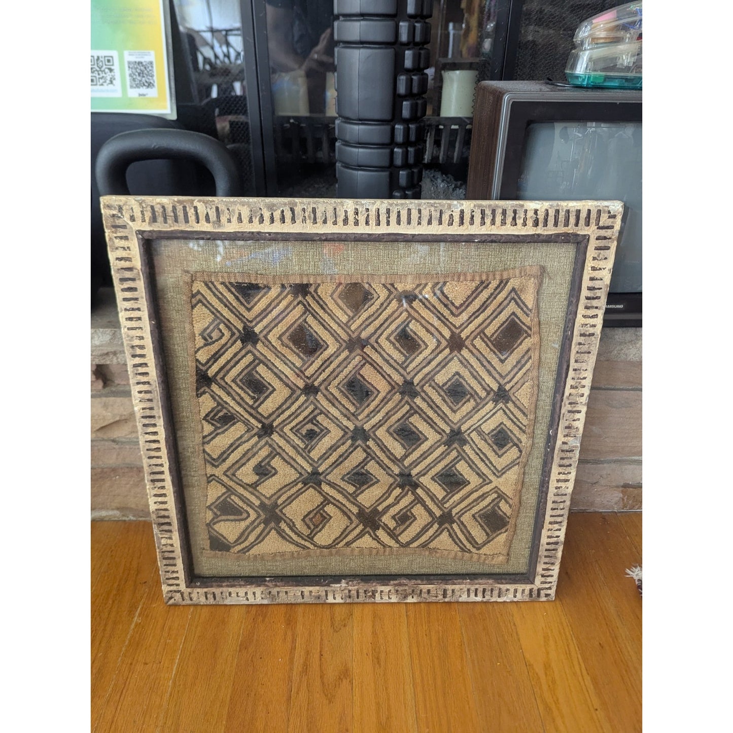 Framed Kuba Cloth Textile – African Tribal Raffia Art – Geometric Wall Decor