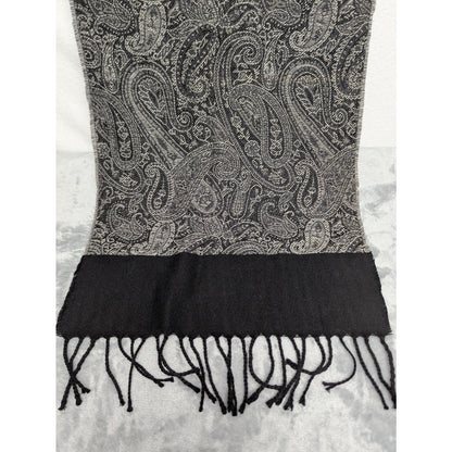 Vintage Style Fringe Edge Boho Black and White Paisley Scarf
