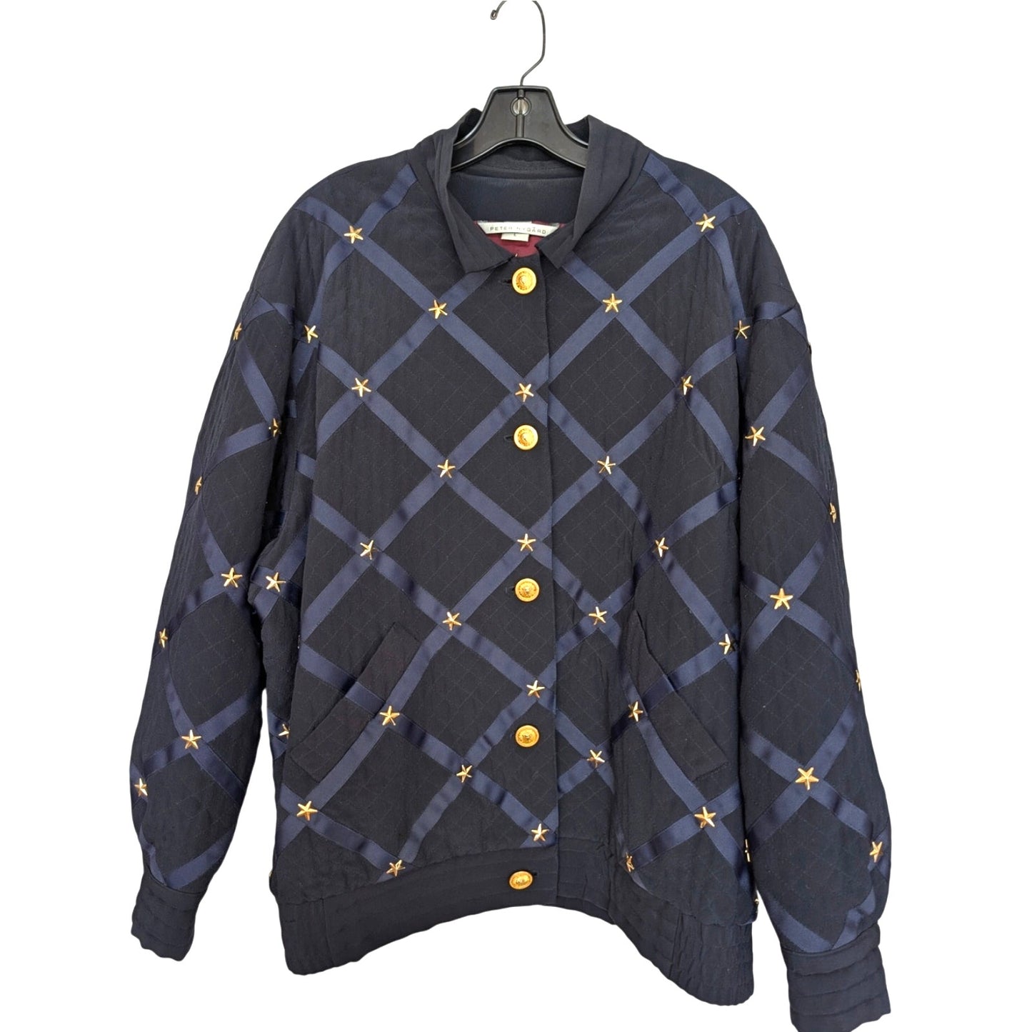 Vintage Peter Nygard Navy Silk Bomber with Ribbon and Gold Accents