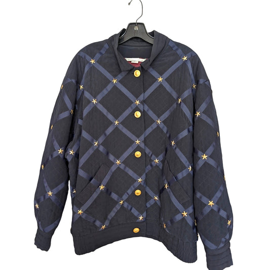 Vintage Peter Nygard Navy Silk Bomber with Ribbon and Gold Accents