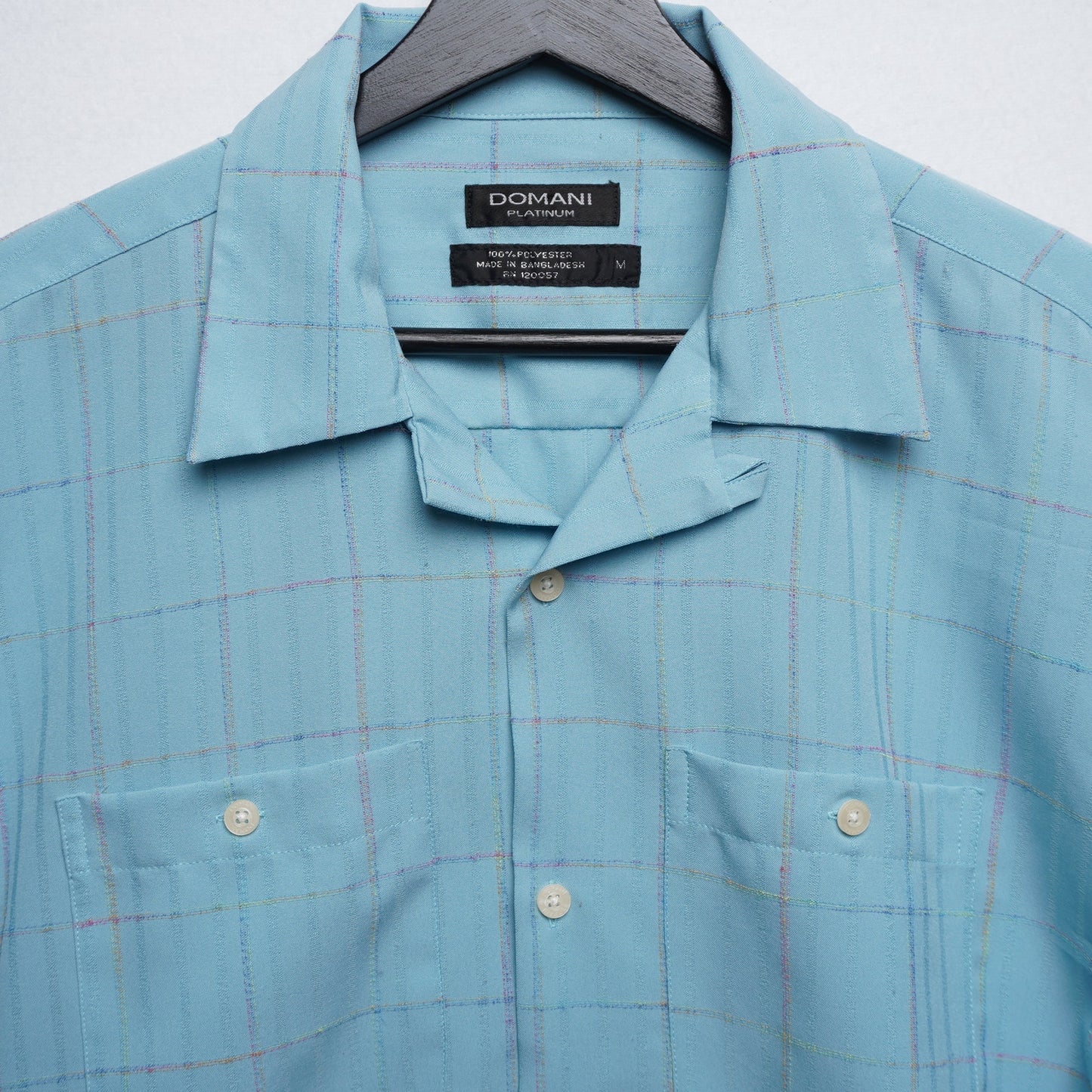 Domani Platinum Baby Blue Rainbow Thread Check Loop Collar Shirt Size M