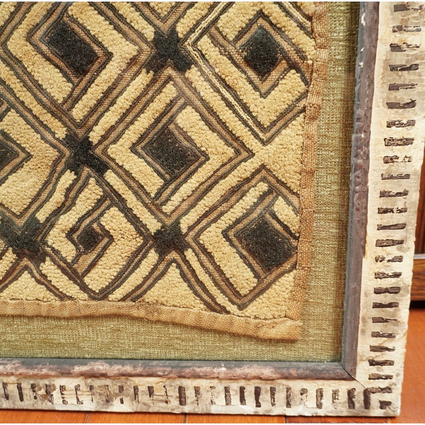 Framed Kuba Cloth Textile – African Tribal Raffia Art – Geometric Wall Decor