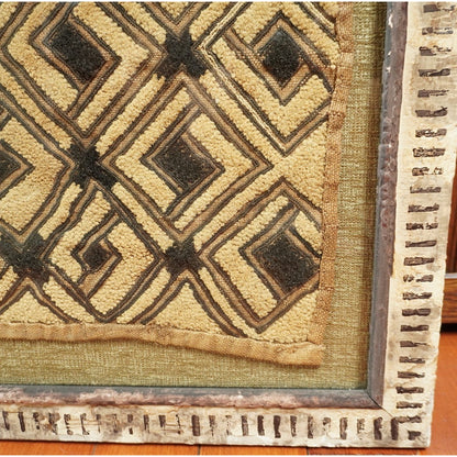 Framed Kuba Cloth Textile – African Tribal Raffia Art – Geometric Wall Decor