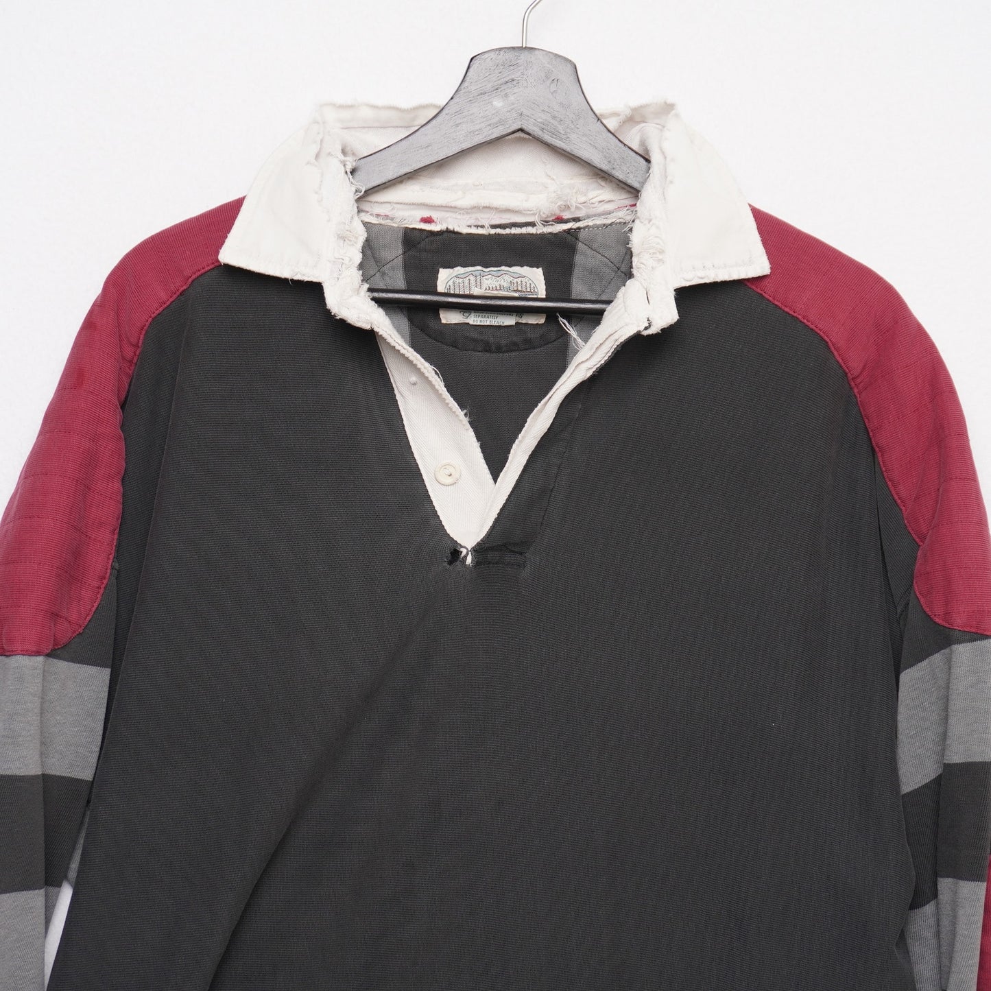 Vintage Britches Great Outdoors Rugby Shirt Patch Striped Grunge Distressed