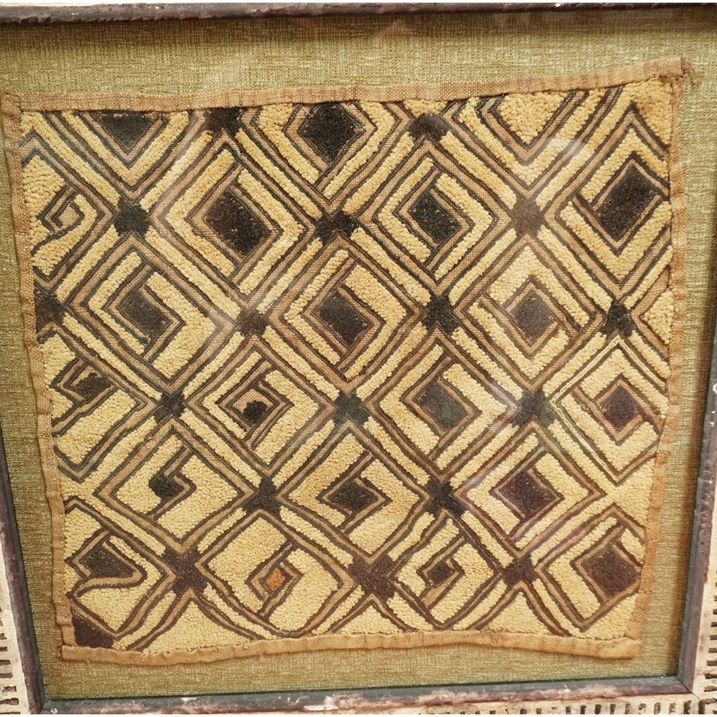 Framed Kuba Cloth Textile – African Tribal Raffia Art – Geometric Wall Decor