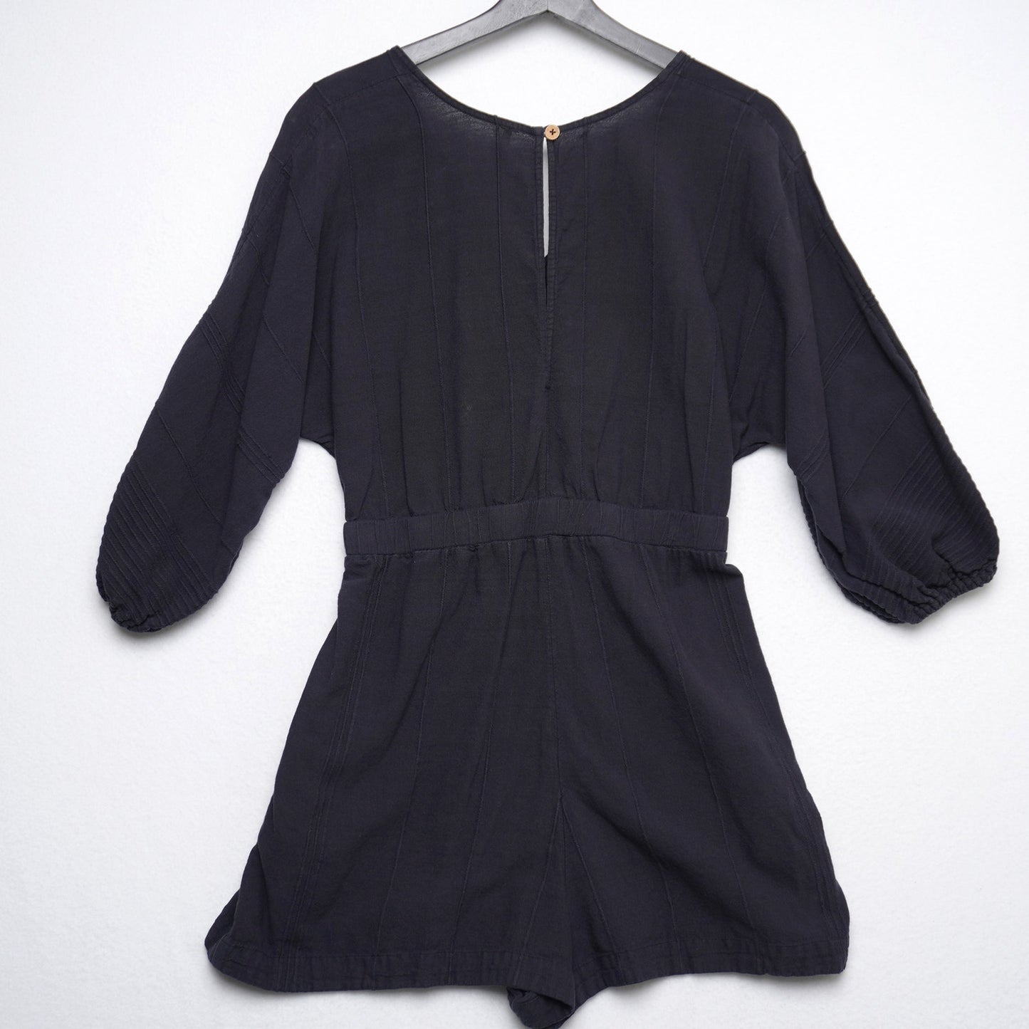 Free People Black Cotton Romper – Size S – Boho Knot Front Jumpsuit with Balloon Sleeves
